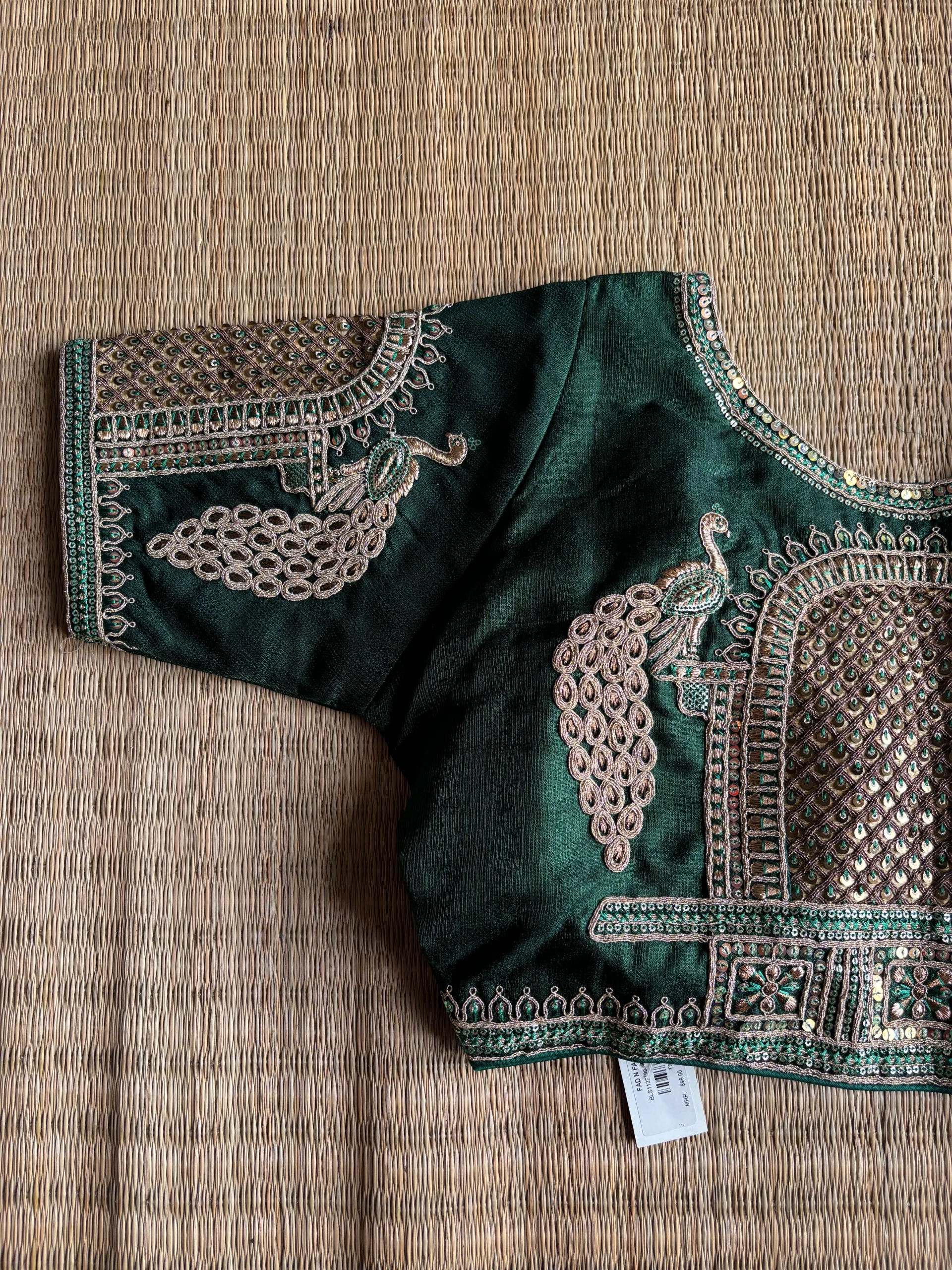 Party Wear Bottle Green & Gold Zari Work Blouse - Image 4