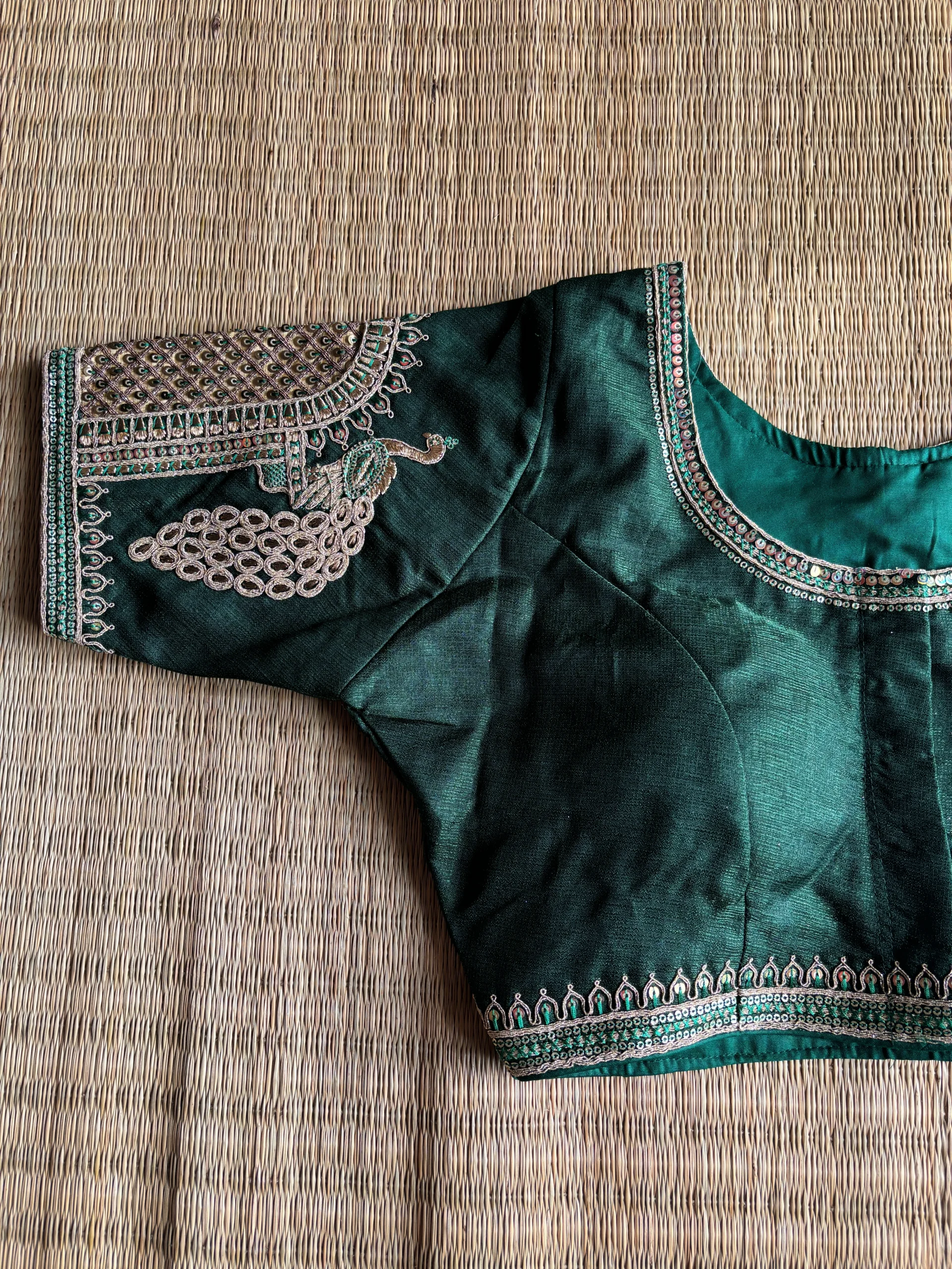 Party Wear Bottle Green & Gold Zari Work Blouse - Image 3