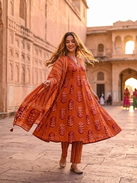 Pure Jaipur Fine Cotton A-Line 3 Piece Kurti Set with False Mirror Embroidery V-Neck & Pure Cotton Dupatta | Rust Orange