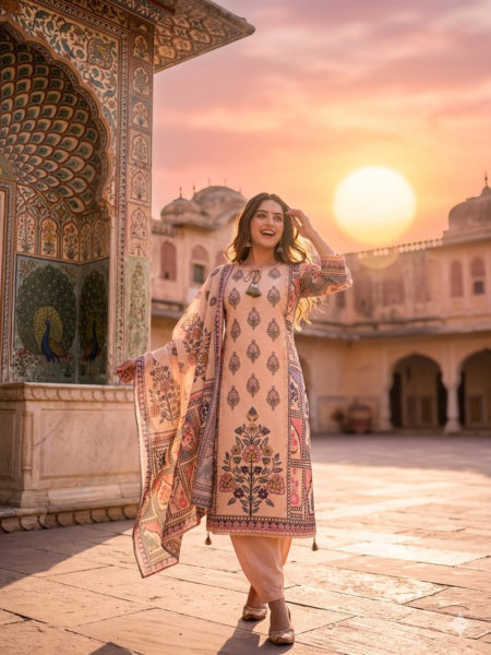 Pure Jaipuri Fine Cotton 3 Piece Kurti Set with Mul Cotton Dupatta – Peach
