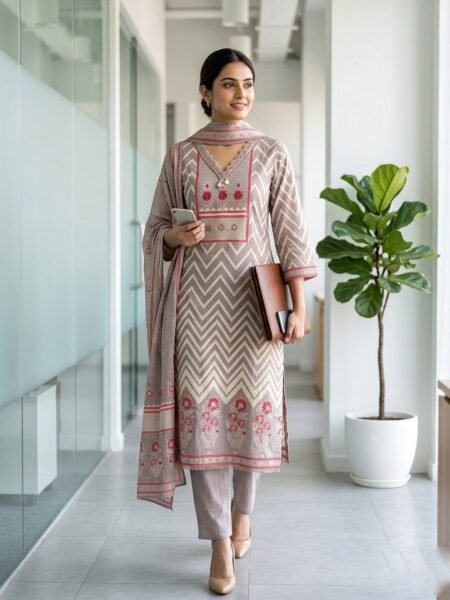Pure Jaipur Cotton 3 Piece Kurti Set with Elegant Chevron Print & Mul Cotton Dupatta