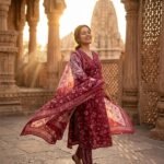 IMG_0506-2 Pure Jaipur Fine Cotton 3 Piece Kurti Set in Wine with V-neck Cutdana work, floral print, straight cotton pant and full-length Mul Cotton dupatta