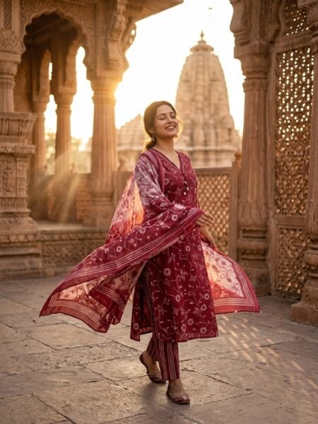 Pure Jaipur Fine Cotton 3 Piece Kurti Set in Wine with V-neck Cutdana work, floral print, straight cotton pant and full-length Mul Cotton dupatta