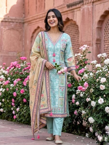 Pure Jaipur Cotton 3-Piece Kurti Set with Floral Print & Mirror Work V-Neck