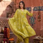 IMG_0621-2 Pure Jaipur Fine Cotton 3 Piece Kurti Set in Olive Green with mirror work V-neck, full-length Mul Cotton dupatta and semi straight pure cotton pant.