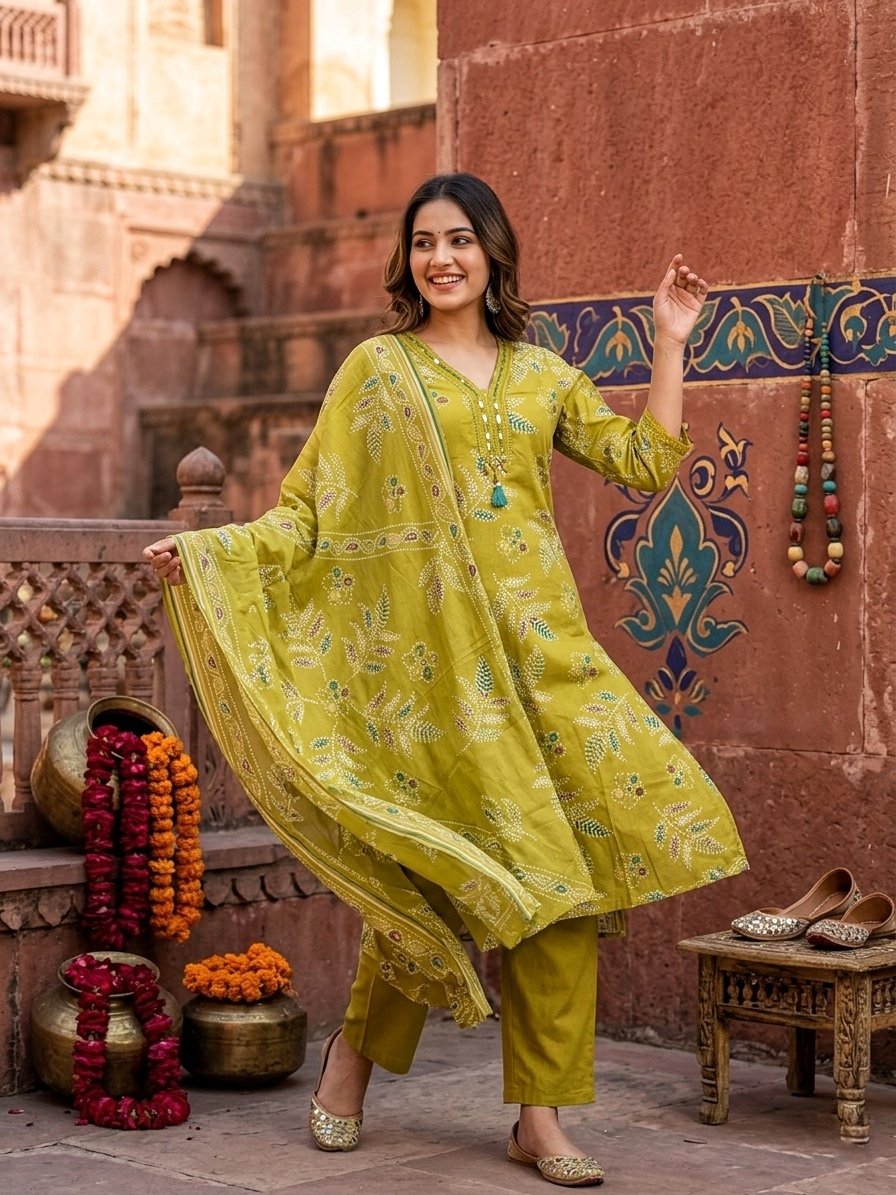 IMG_0621-2 Pure Jaipur Fine Cotton 3 Piece Kurti Set in Olive Green with mirror work V-neck, full-length Mul Cotton dupatta and semi straight pure cotton pant.