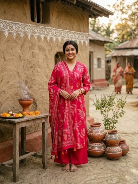 Pure Jaipur Fine Cotton 3 Piece Kurti Set in Rani Pink with mirror work V-neck, Mul Cotton full-length dupatta and semi straight pure cotton pant.