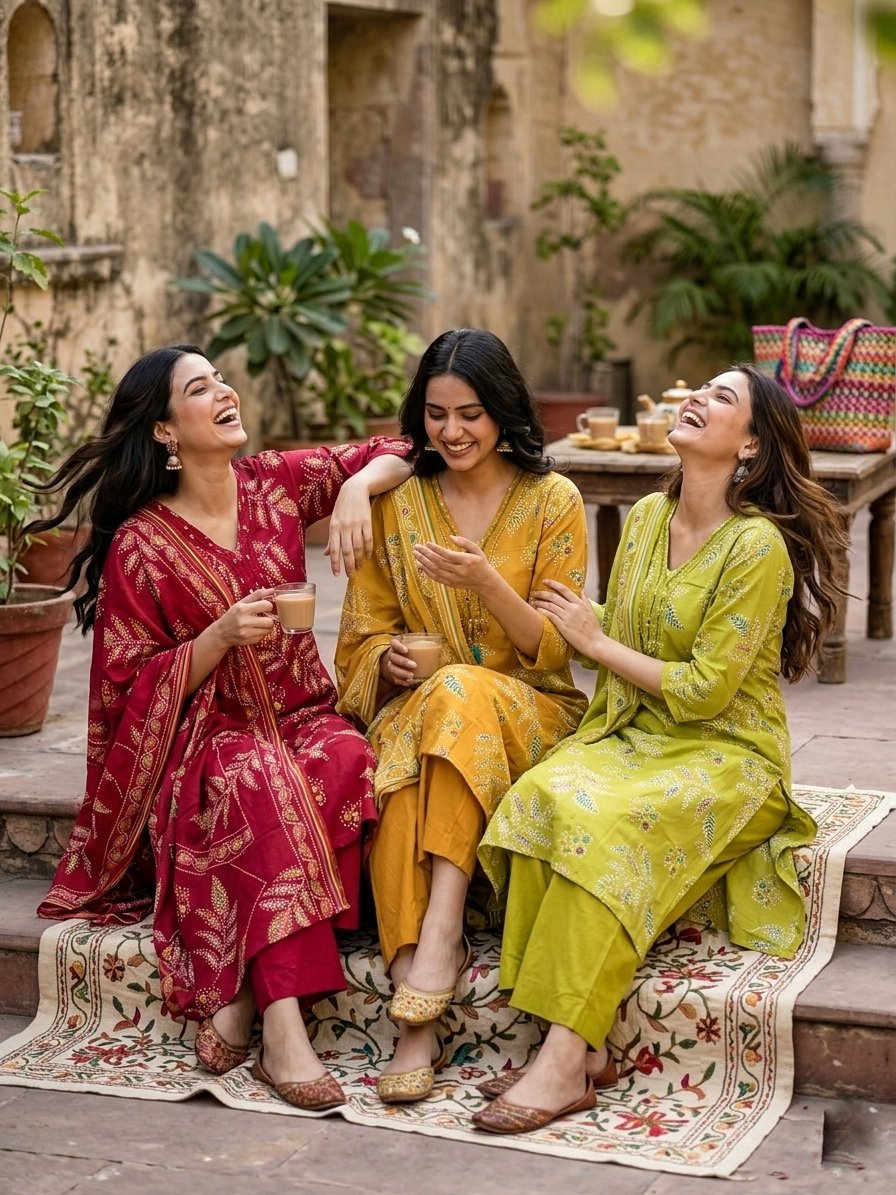 IMG_0720-2 Pure Jaipur Fine Cotton 3 Piece Kurti Set in Olive Green with mirror work V-neck, full-length Mul Cotton dupatta and semi straight pure cotton pant.
