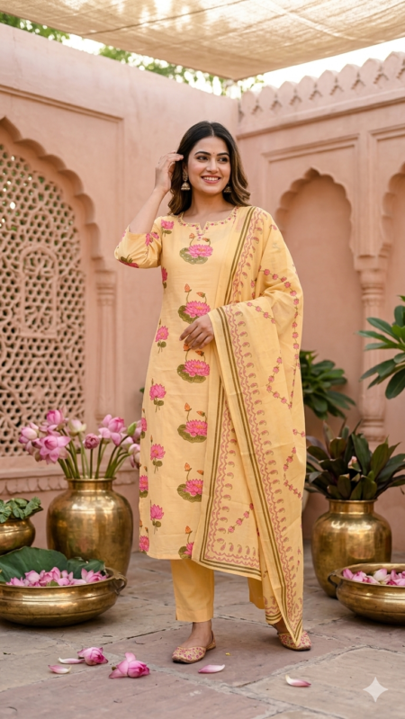 Pure Jaipur Fine Cotton 3 Piece Kurti Set with Mul Cotton Dupatta & Straight Pant | Lotus Floral Print | Yellow