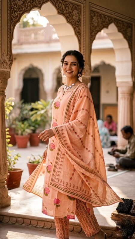 Pure Jaipur Fine Cotton 3 Piece Kurti Set with Mul Cotton Dupatta – Lotus Floral Print | Peach