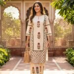 Cream Jaipur Print Cotton Side Cut Two Piece Kurti Set for Women | Premium Cotton Ethnic Wear | Fad N Fashion