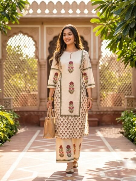 Cream Jaipur Print Cotton Side Cut Two Piece Kurti Set for Women | Premium Cotton Ethnic Wear | Fad N Fashion