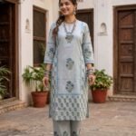 Sky Blue Jaipur Print Cotton Side Cut Two Piece Kurti Set for Women | Premium Cotton Ethnic Wear | Fad N Fashion