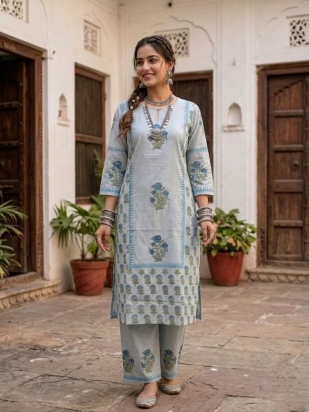 Sky Blue Jaipur Print Cotton Side Cut Two Piece Kurti Set for Women | Premium Cotton Ethnic Wear | Fad N Fashion