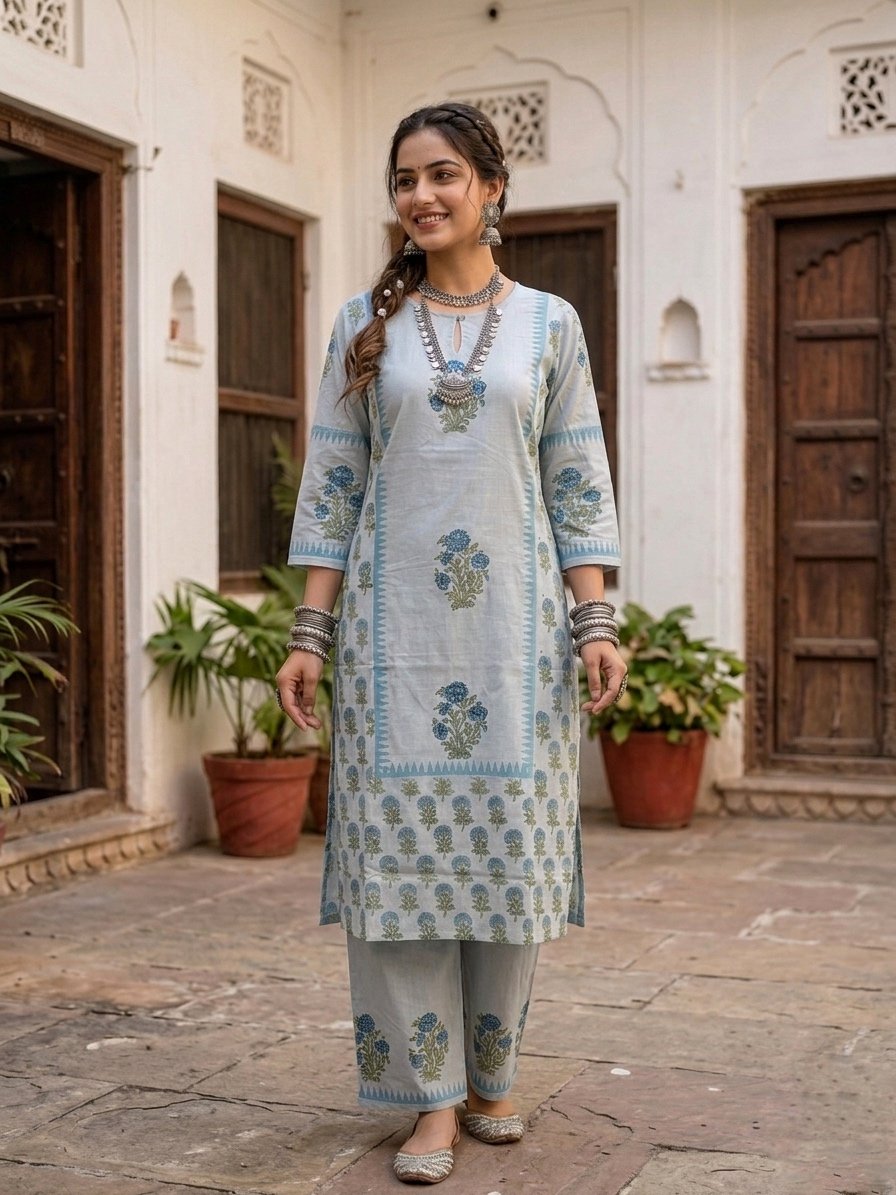 Sky Blue Jaipur Print Cotton Side Cut Two Piece Kurti Set for Women | Premium Cotton Ethnic Wear | Fad N Fashion