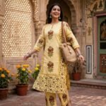 Women's Yellow Jaipur Print Cotton Side Cut Two Piece Set with Straight Pant | Soft Cotton Kurti Set | Fad N Fashion