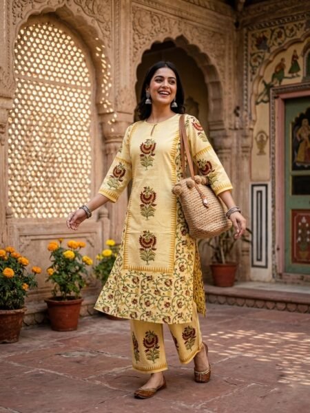 Women's Yellow Jaipur Print Cotton Side Cut Two Piece Set with Straight Pant | Soft Cotton Kurti Set | Fad N Fashion