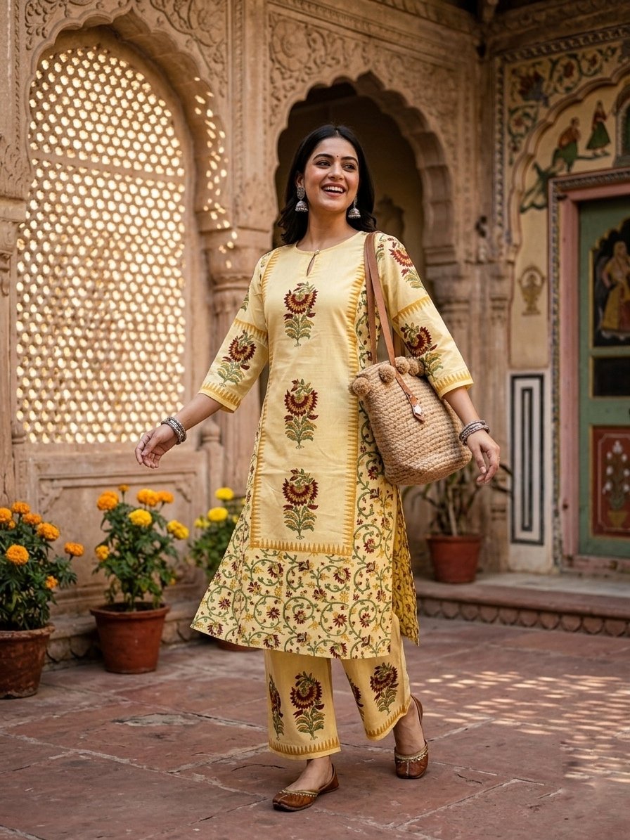 Women's Yellow Jaipur Print Cotton Side Cut Two Piece Set with Straight Pant | Soft Cotton Kurti Set | Fad N Fashion
