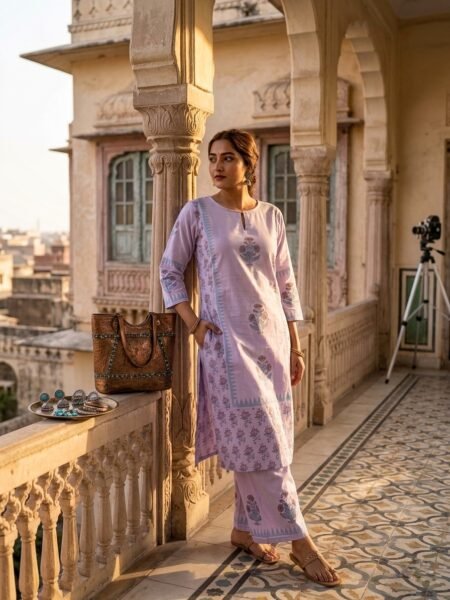 Lavender Jaipur Print Cotton Side Cut Two Piece Kurti Set for Women | Premium Cotton Ethnic Wear | Fad N Fashion