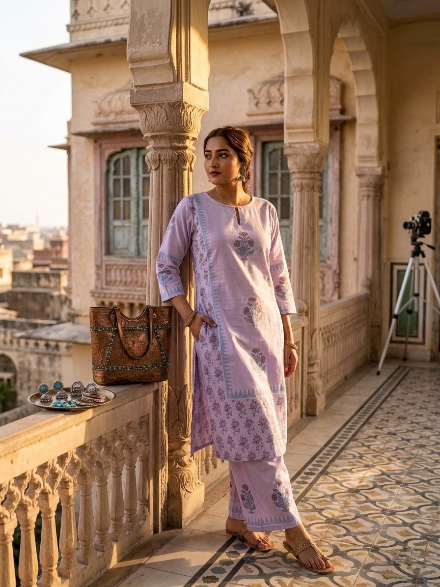 Lavender Jaipur Print Cotton Side Cut Two Piece Kurti Set for Women | Premium Cotton Ethnic Wear | Fad N Fashion