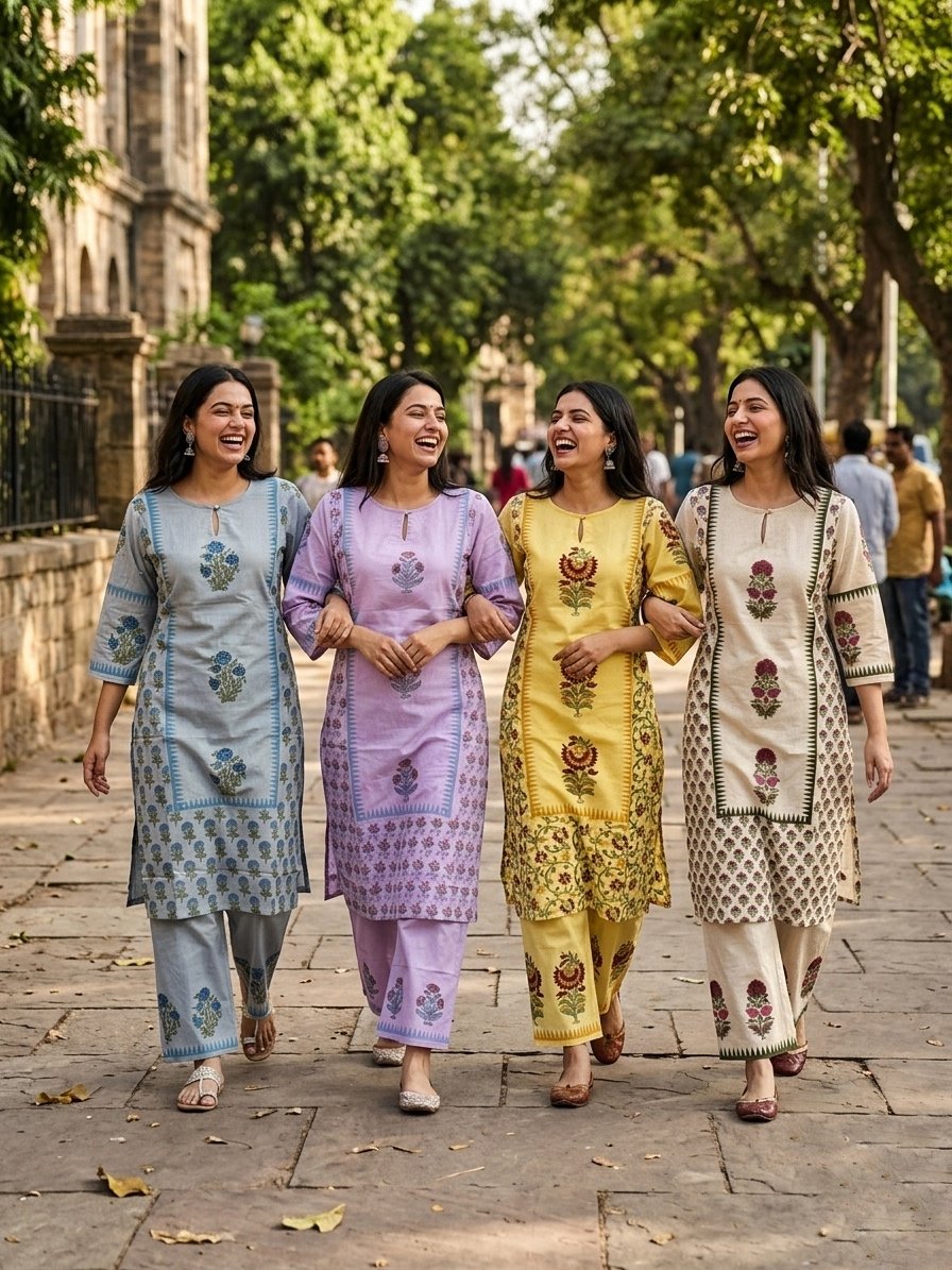 Lavender Jaipur Print Cotton Side Cut Two Piece Kurti Set for Women | Premium Cotton Ethnic Wear | Fad N Fashion